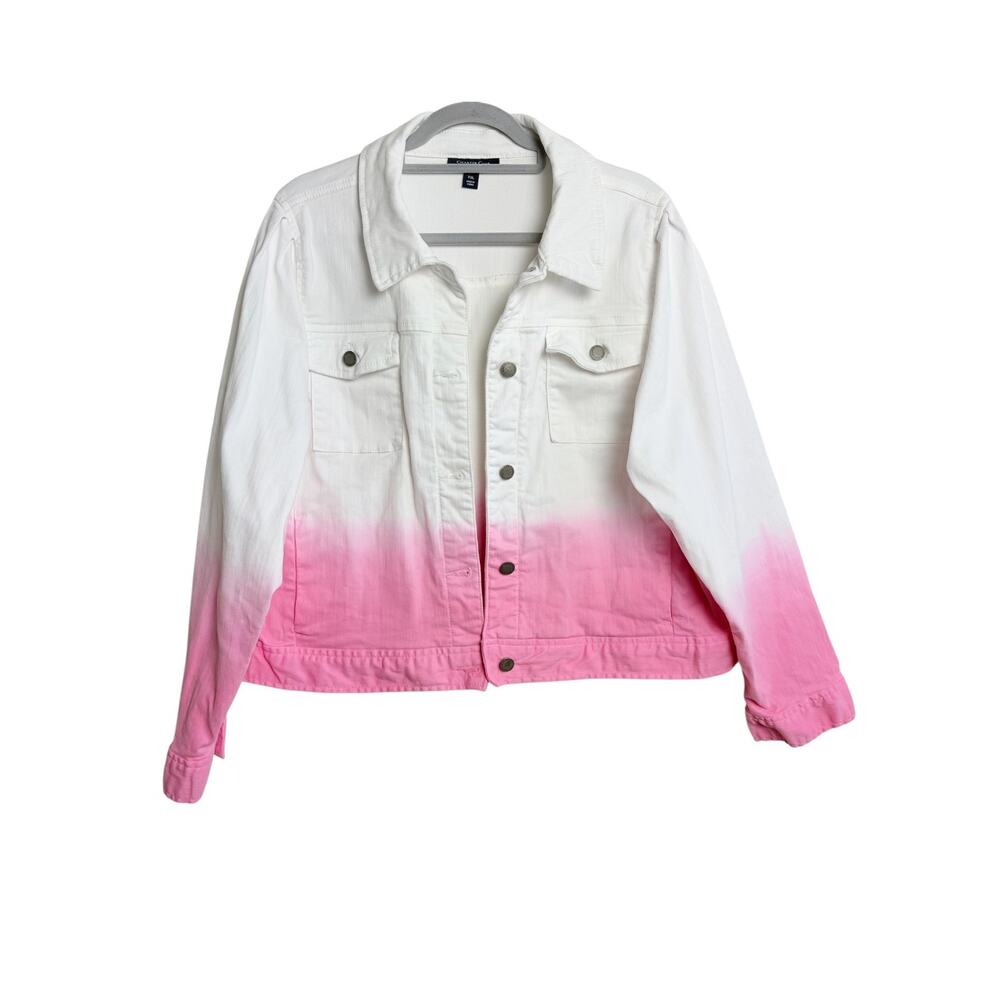 Charter Club White Pink Ombre Dip Dye Denim Jacket Button Front Women XXL